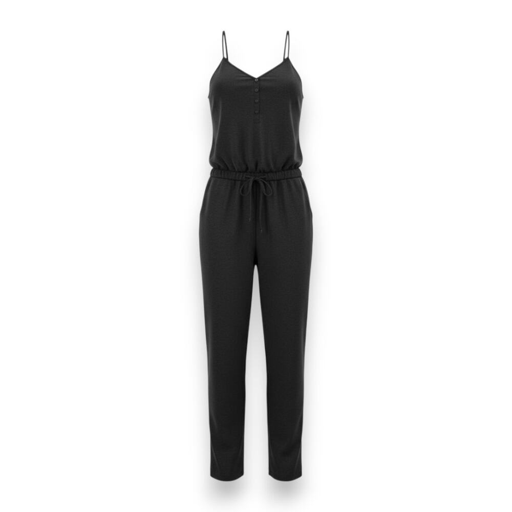 Drew Black V Neck Drawstring Waist Jumpsuit Spaghetti Strap Pockets Size Small